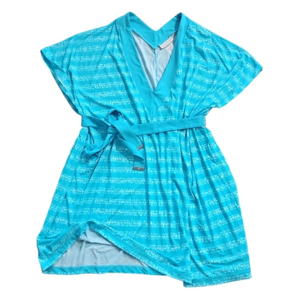 Michael Kors Kytoto Stripe V-Neck Belted Tunic Swim Cover-Up Blue Large NWT